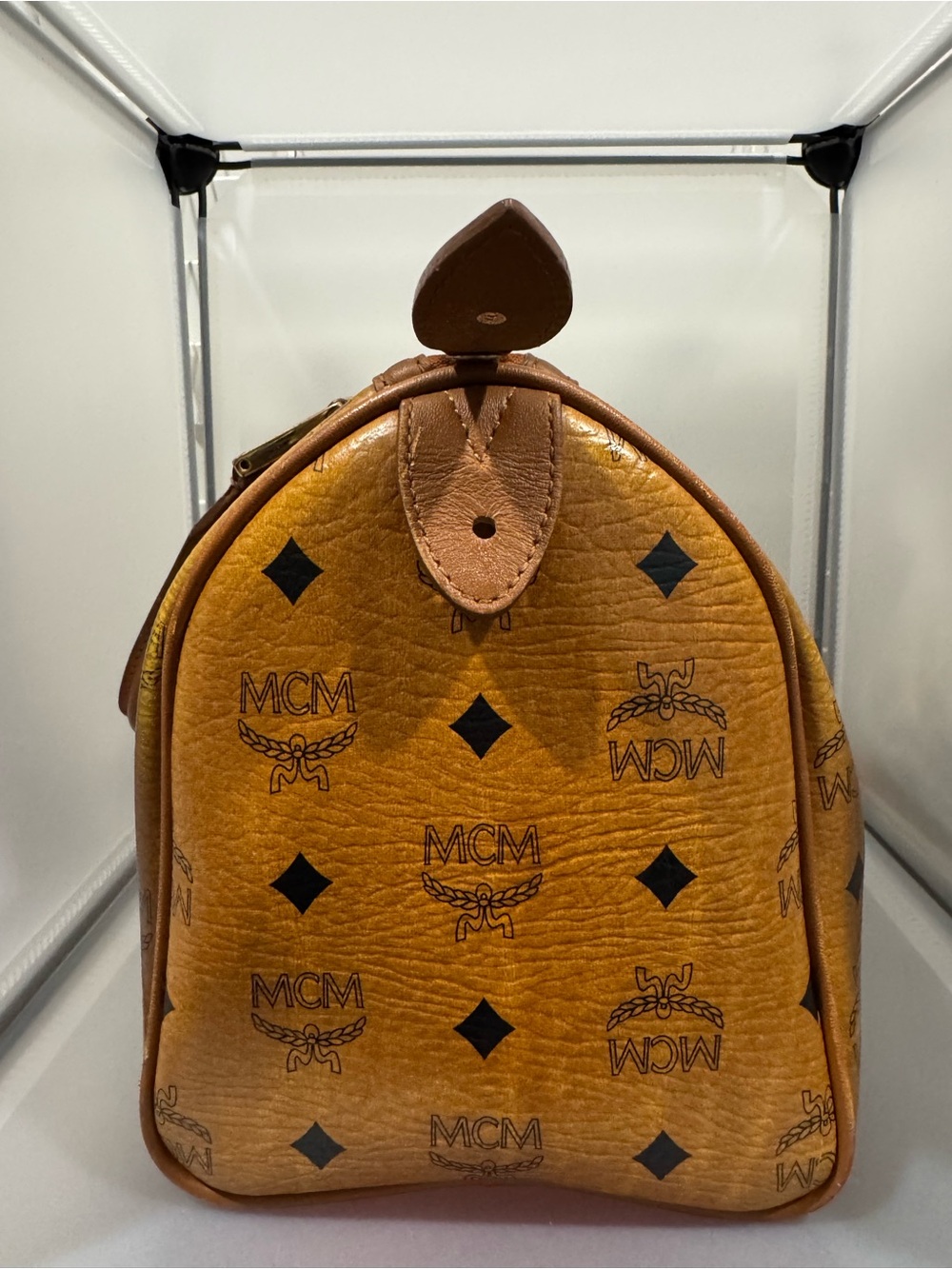 MCM Cognac Visetos Bowling Bag with Navy and Gold Stripe - Picture 3 of 15
